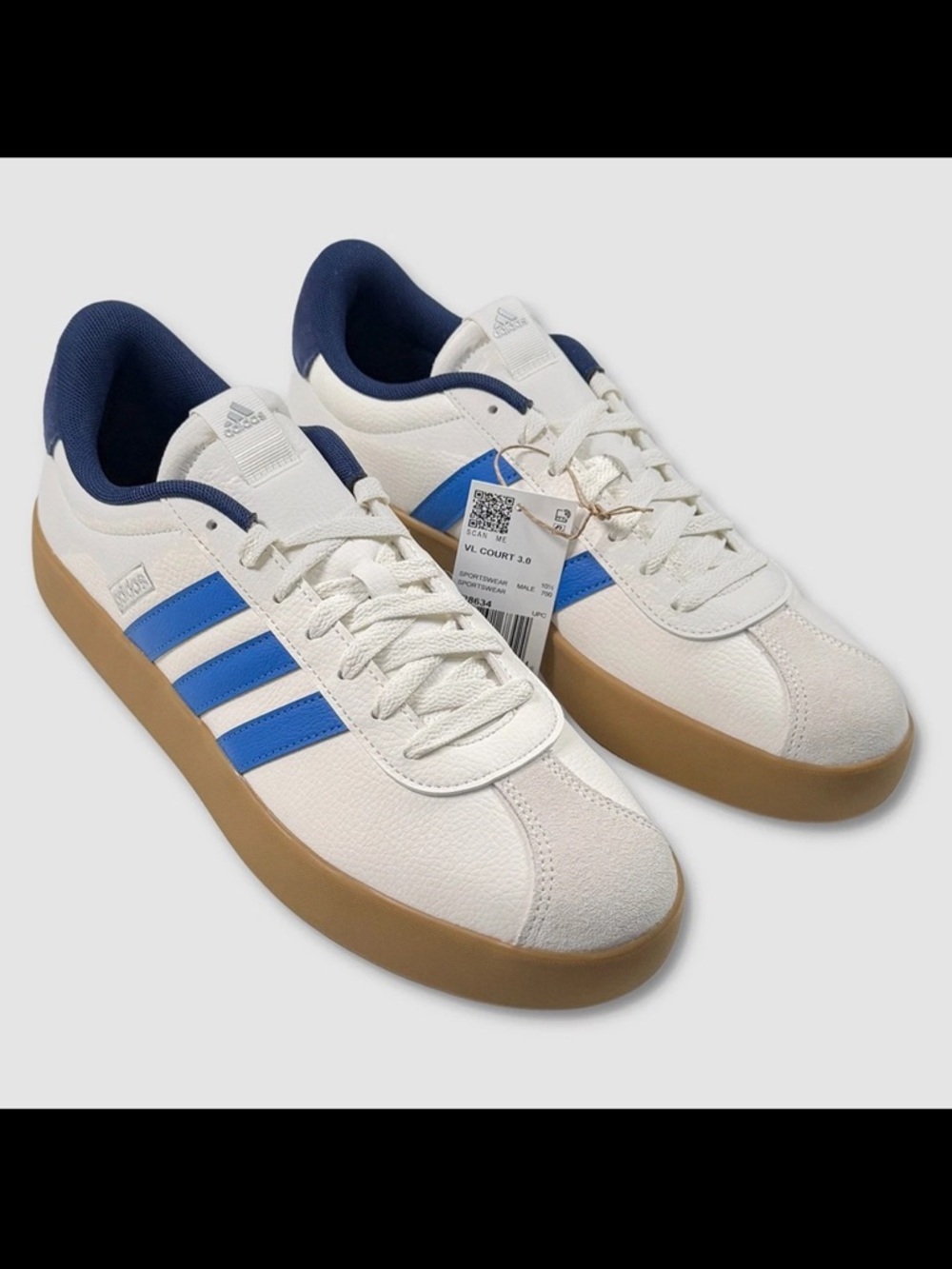 adidas VL Court 3.0 Sneakers - White with Blue Stripes & Gum - Picture 1 of 9